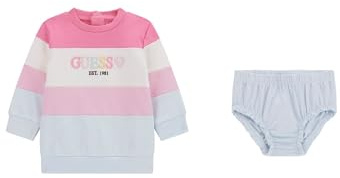 Guess Baby Girl Eco Long Sleeve Active Dress and Diaper Cover, Light Pink+Light Blue+White, 18 Months