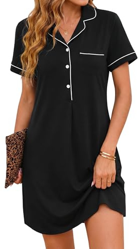 Jahetuul Chemise de Nuit Femme Coton Manches Courtes Col V avec Poche Classique Pyjama Confortable avec Boutons Ouvert Devant Robe de Nuit Été
