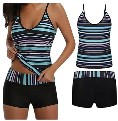 Women’s Two Piece Swimwear Gradient Color Tankini Set Top with Shorts Low Waist Sporty Swimsuit Bikini (UK, Numeric, 16, Regular, Regular, Standard, Black+Blue)