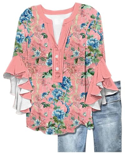 Spring Tops for Women UK Ruffle 3/4 Sleeve V Neck Button Up T Shirt Women Floral Printing Soft Elegant 2025 Summer Tops Activewear Casual Ladies Trendy Blouses Tees Tunic Plus Size Clothing Clearacne