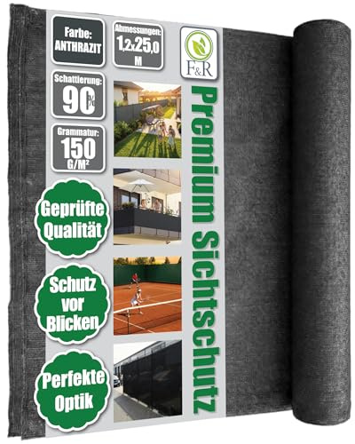 F & R Sichtschutz Garten Zaunblende I Sichtschutz Zaun I Schattiernetz Antrazit PE 1,2m x 25m 150g/m² I Sichtschutzmatte Für Zaun Gartenzaun Gartensichtschutz UV-Stabil Wetterfest