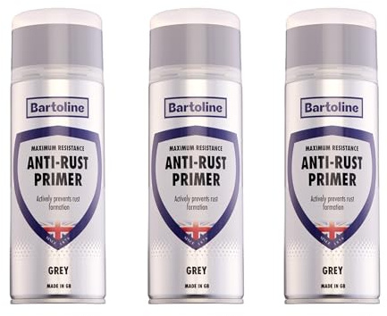 Bartoline Anti-Rust Primer Spray Paint, Gray, 13.5 oz [3 Pack] - Rust-Preventive Metal Primer for Steel, Iron & Aluminum Fast-Drying, Strong Adhesion, Matt Finish for Automotive & Outdoor Use - 400 ml