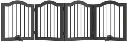 PawHut Absperrgitter Hund 4-teilig, 208 x 61 cm Faltbar Hundegitter mit Tür, Türschutzgitter mit 2 Stützfüßen, Freistehend Treppengitter für Küche, Flur, Schwarz