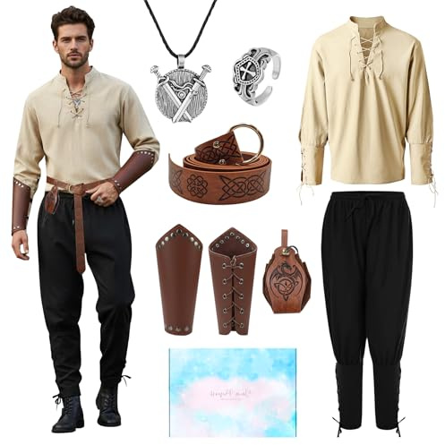 Costume Medieval Homme, Costume Renaissance avec Chemise Pantalon de Pirate | Cadeaux pour Adultes, Deguisement Viking Médiéval Chevalier pour Halloween, Carneval, Cosplay et Roleplay