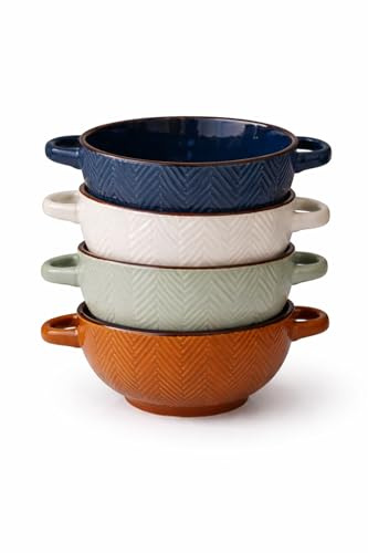 WESTCRAFT Landhaus Suppenschüssel mit Griff Keramik 680 ml – Suppentasse, Müslischale, Servierschale – Suppenschalen mit Henkel Schale für Suppe & Dessert (4er Set Landhaus kariert)