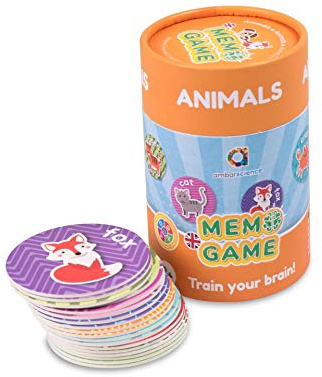 ambarscience- Memo Games Animales - Juego de Memoria Educativo para Buscar Las Parejas y Aprender Las Palabras en inglés,con 40 Piezas, para niños 3+.