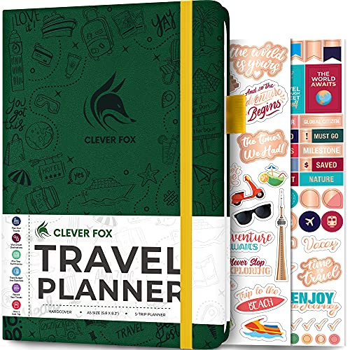 Clever Fox resedagbok – semesterplanerare med budgetplan, förpackningslista, utgiftsmätare och resedagbok – resesplanerare för kvinnor, män och par – A5 storlek, skogsgrön