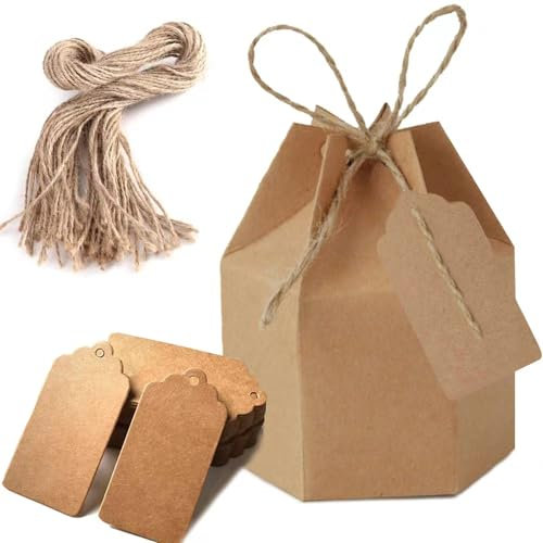 50 Stück Kraftpapier Geschenkbox, Geschenkschachtel, Geschenkboxen mit Tags und Juteschnur, für Hochzeits-Geburtstags-Party