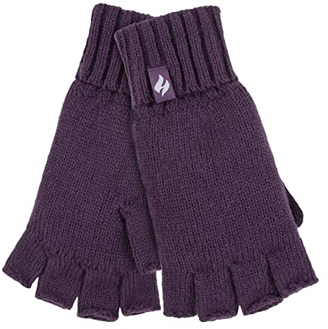 HEAT HOLDERS Ladies Solid Knitted Fingerless Gloves Ideal for Smartphone | Keeps Hands Warm in Winter (One Size, Purple Solid)