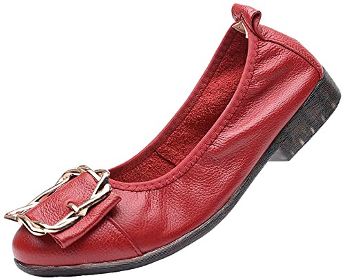 ANUFER Femmes Cuir Véritable Ballerines Mode Boucle en Métal Mou Plat Escarpins Chaussures Rouge SN070535 EU40