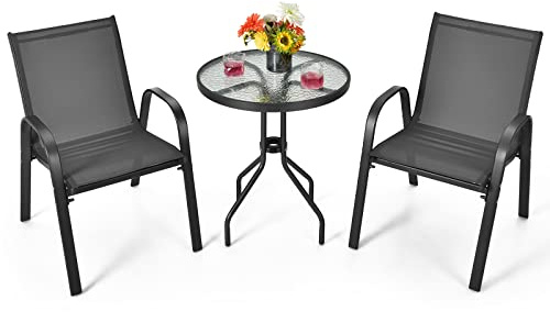 COSTWAY Juego de Muebles Bistró de 3 Piezas, 2 Sillas Textilene y 1 Mesa de Cristal Templado, Set de Conversación para Patio con Tela Transpirable Jardín, Balcón, Terraza, Patio (Negro)