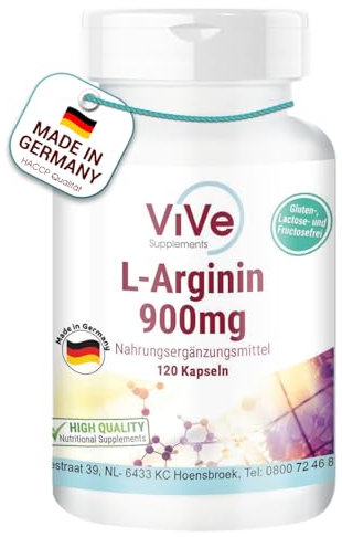 L-Arginin 900 mg - 120 Kapseln - Vegan - Beliebte Aminosäure - 900 mg Arginin-HCL pro Kapsel | Qualität aus Deutschland von ViVe Supplements
