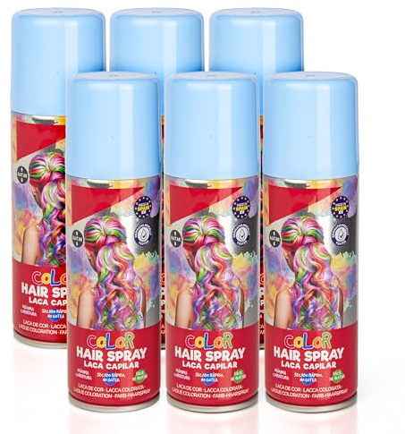 Pack 6 Laca de Pelo Color Azul Claro 125ml - Spray Colores para Cabello Rápida coloración, Lavable