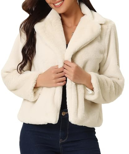 Seta T Women's Cropped Faux Fur Coat Fashion Winter Open Front Jacket Notch Lapel Long Sleeve Fluffy Coat Medium Beige