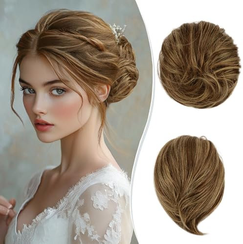 RUWISS Haarteil Lang Dünn Glattes Tousled Updo Bun Rea Echthaar Elegante Haarteile Haargummi Lang Scrunchie Verlängerungfür Damen,25g,Schokoladenhellbraun mit goldenem Highlight