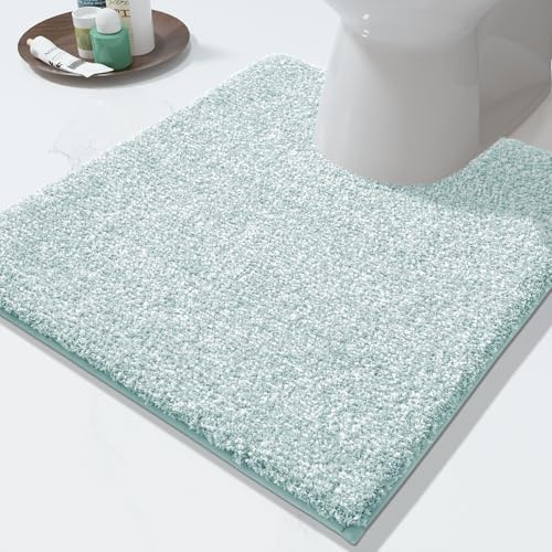 Yimobra Toilet Rugs U Shaped Washable, Soft Absorbent Microfiber Bathroom Rugs, Non Slip Quick Drying Shaggy Bath Mat,Contour Bathroom Mats for Toilet Base, Home Essentials,24x20,Light Blue and White