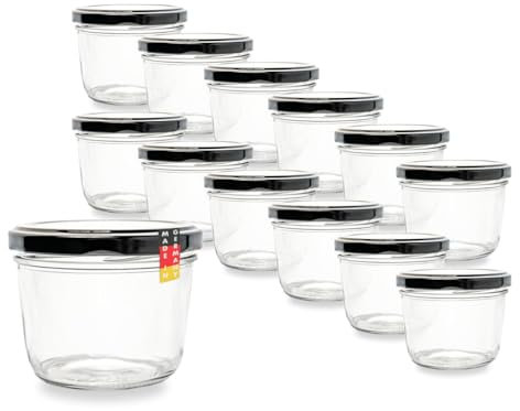 Flaschenbauer 12er Set Premium Sturzgläser 230 ml – Vielseitige Marmeladengläser & Einmachgläser mit farbigem Twist-Off-Deckel, inklusive Etiketten. Ideal für Suppen, Dips, Tee, Kräuter (Schwarz)