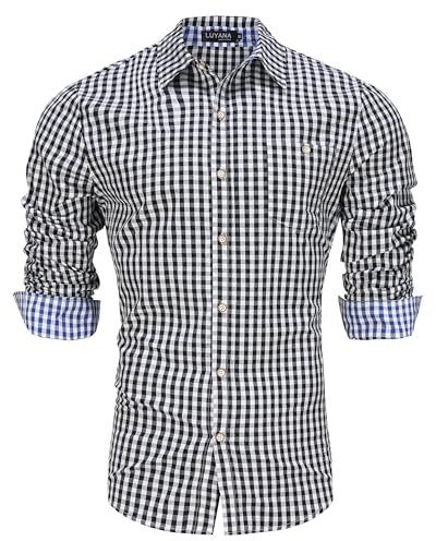 LUYANA Oktoberfest Trachtenhemd für Herren Trachten Karo-Hemd Langarm Freizeithemd mit Tasche Schwarz L