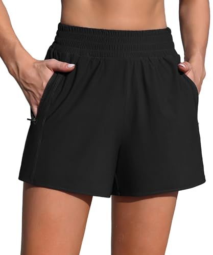 Charmo Badeshorts Damen Bauchweg Badehose High Waist Schwimmhose Schnelltrocknend Bikini Shorts mit Liner Taschen Schwarz
