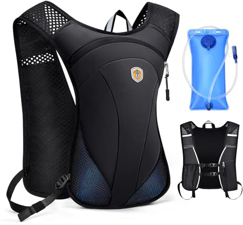 MIAOJIE Hydration Backpack with 2L Water Bladder Bag, Lightweight and Breathable Running Vest for Men, Adjustable Chest Straps Water Pack for Cycling Hiking Climbing Outdoor Rave for Women(Black)