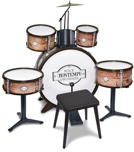 Bontempi | Batterie Grancassa 6 Éléments avec Tabouret et 2 Baguettes, Son Réaliste, 700x400x800mm, Jeu Musical pour Enfants 5+
