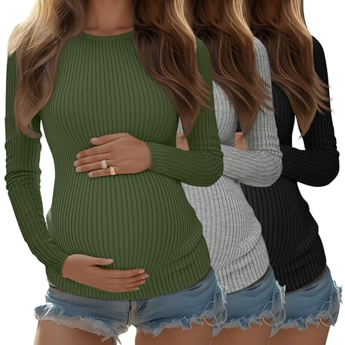 Riyiper Confezione da 3 Magliette Premaman da Donna, Maniche Lunghe, in Maglia a Coste, Tuniche in Cotone, Top Autunnali(Verde Militare, Grigio Chiaro, Nero,XL)