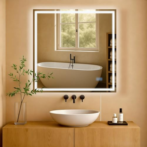 CLP Espejo de baño Jaffrey, Espejo de baño antivaho, Formato Horizontal y Vertical, Espejo de Pared iluminación LED Regulable, Tamaño:80x80 cm