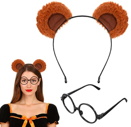 WLLHYF Bear Ears Headband Brown Halloween Plush Animal Ears Headbands Animals Costume Hairband Makeup Head Wear for Washing Face Women (with glasses frames