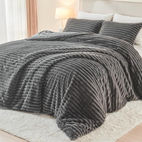 EMME Biancheria da letto invernale in pelliccia di coniglio a righe, 200 x 200 cm, con elegante design a righe, copripiumino ultra morbido con chiusura lampo e 2 federe da 80 x 80 cm, grigio scuro