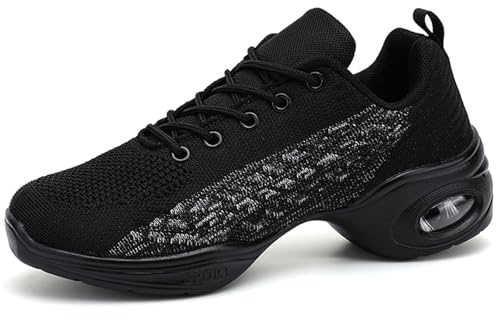 Hiuzylqx Damdansskor, Lätta, Andningsbara Jazzdansskor Snörskor Med Kudde Mesh Platåsneakers,Black,35 EU