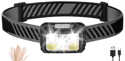 Diboniur Torcia Frontale Dimmerabile, Lampada Frontale LED Ricaricabile, 10 Modalità e Sensore Movimento, IPX5 Impermeabile, Torcia da Testa per Running/Camping