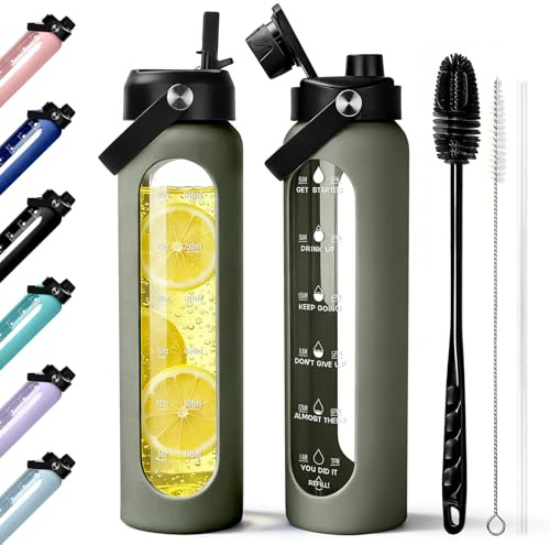 Aqulea 32 oz Glass Water Bottle with 2 Lids – Spout & Straw Lids, 1L Motivational Borosilicate Glass Water Bottle with Time Marker & Silicone Sleeve, Leakproof (Sage)