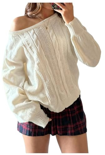 RoseSeek Girl's Cable Knit Off Shoulder Sweaters Asymmetrical Neck Long Sleeve Pullover Sweaters Casual Jumpers White 14Y