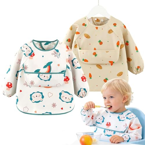 ZIJANG 2 Stück Lätzchen Baby mit Ärmeln, Geeignet für 0–1 Jahre, Unter 8,5 kg ärmellätzchen, Wasserdichtes Lätzchen Baby Abwaschbar, für Essen, Malen und Spielen
