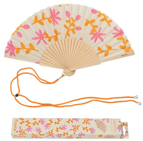 Fisura – Éventail en Bois Motif Fleurs Orange et Rose, Accessoire à Main Design coloré avec dragonne Incluse, Style Estival pour Plage, terrasse et Vacances, idée Cadeau Femme 42,5 x 23 cm