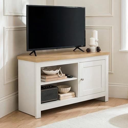 Blisswood Corner TV Unit for TVs Up to 40 Inch, TV Stand with Adjustable Shelves & Side Storage Cabinet, Cable Management Hole, Oak Effect Top, Wooden Entertainment Unit for Living Room Bedroom, White