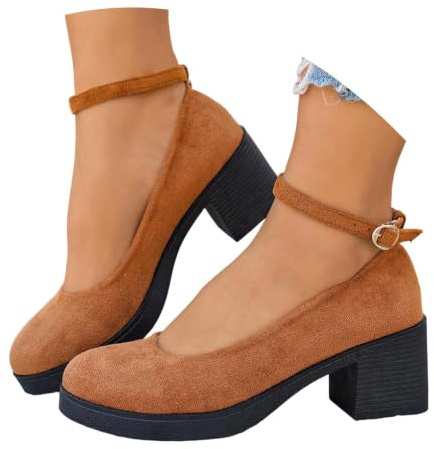 HEMNACU Women's Traditional Suit Shoes Elegant and Comfortable Dirndl Oktoberfest Pumps Strappy Chunky Heel for Festival Occasions for Weddings, brown, 8.5 UK