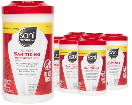 PDI Sani-Professional Sanitizing Wipes, No-Rinse Multi-Surface Cleaning for Food Contact Surfaces, Kitchens, Restuarants Tables, 95 Large 7.75 x 9 Count per Canister, Pack of 6