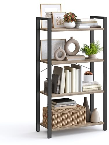 VASAGLE 4-Tier Bookshelf, Bookcase, Shelving Unit, for Office, Study, Living Room, Bedroom, 30 x 66 x 120 cm, Industrial, Heather Greige and Ink Black LLS060B02
