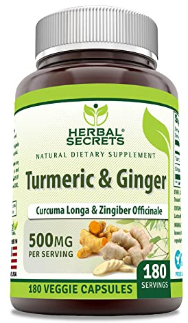 Herbal Secrets Turmeric & Ginger 500 Mg Veggie Capsules Supplement | Non-GMO | Gluten Free | Made in USA (1 Pack, 180 Count)