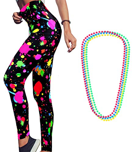 Syhood Hoch Taillierte 80er Leggings Yoga Laufen Hose mit 4 Stücke Neon Halskette (M)