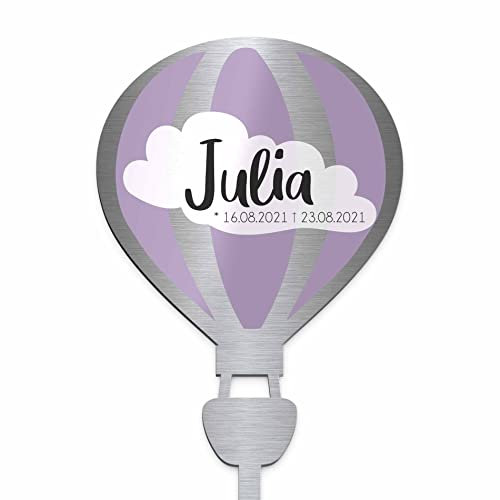 Edelstahl Grabstecker - Blumenstecker als Luftballon | Personalisiertes Sternenkind Andenken - Sternenkinder Grabschmuck wetterfest | persönliche Friedhof Grab Kindergrab Deko (Personalisierbar)