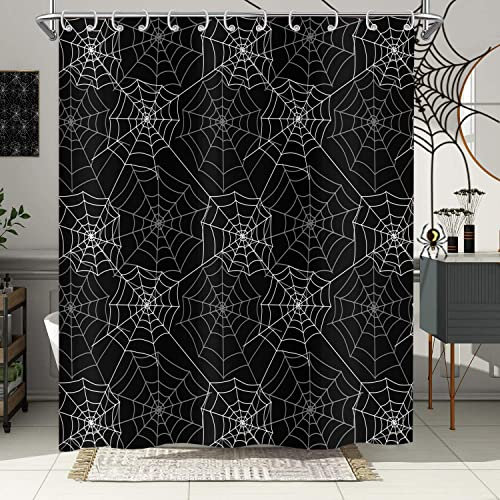 Hnmdmyi Rideau de Douche Halloween 180x200, Noir Blanc et Gris Horreur Effrayant Toile d'araignée Rideau de Baignoire Drôle Simple Vacances Imperméable Tissu Polyester Lavable Rideau de Bain