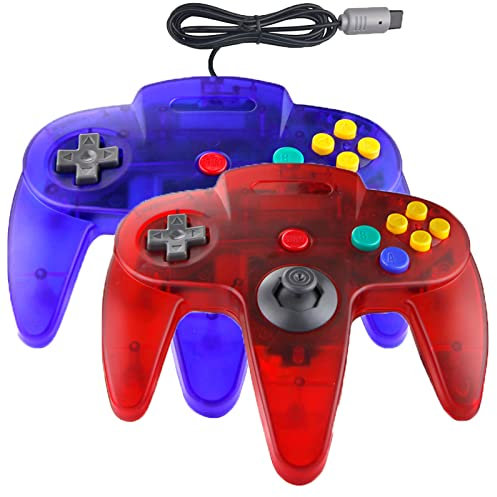 Hovlian Lot de 2 manettes N64 classiques filaires N64 64 bits pour console N64 (bleu transparent et rouge transparent)