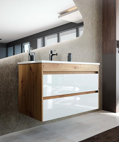 Newroom Waschbeckenunterschrank inkl. Waschbecken Teil-lackiert - Weiß Hochglanz/Holz Eiche- Hängend - mit viel Stauraum - 85x58,5x46 cm (BxHxT) - Badezimmermöbel, Waschtisch, Unterschrank