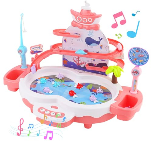 YULEYU Juego de Pesca para Niños, Set de Pesca para Bebés 3 en 1, 34 Piezas de Juegos de Pesca para Niños con Tobogán, Música, Historia, Juguetes Pedagógicos de Preescolar