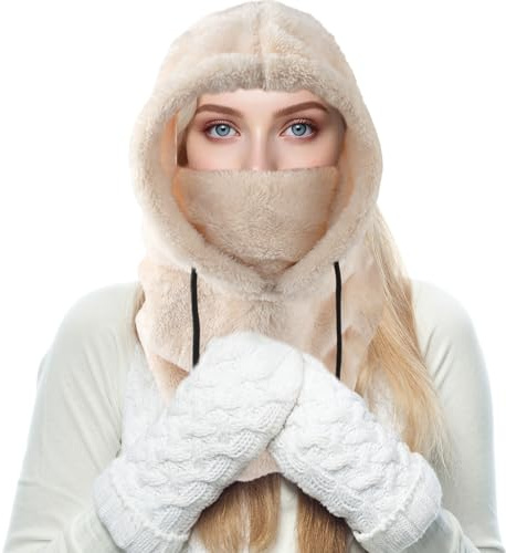 MUNSKT Skidmask, kvinnor ansiktsmask för kallt väder kvinna, termisk sherpa fleece-huva, vindtät justerbar varm skidmask, för utomhuscykling, skidåkning sport kaki, Khaki, S/L