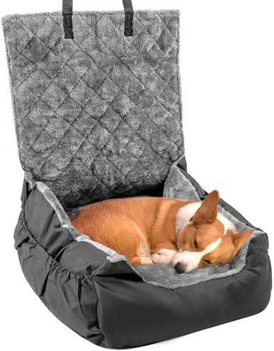 Plush Dog Car Seat for Small Dogs & Cats, Comfortable Pet Car Seat with Safety Leash & Non-Slip Base, Car Seat Bed with Storage Pocket, Soft Secure Small Dog (Style2-Black, One Size)
