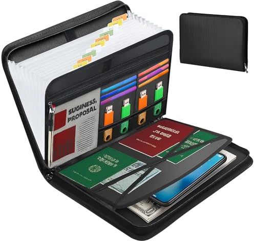 Skrivmapp A4 & konferensmapp A4, 13-fack dragspelsdesign, brandsäker, dragkedja, transparent, svart (36,5 × 26,5 × 4,8 cm)