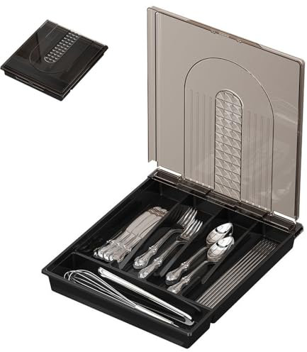 Wnddle Besteckkasten mit Deckel, Tragbar Besteck Aufbewahrung, Besteckkästen mit 6 Fächern, Küchen Organizer, Besteckaufbewahrung für Küchenschublade und Arbeitsplatte